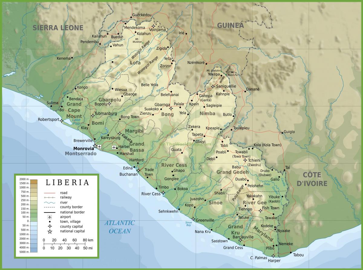 σχεδιάστε το φυσικό χάρτη της Λιβερίας