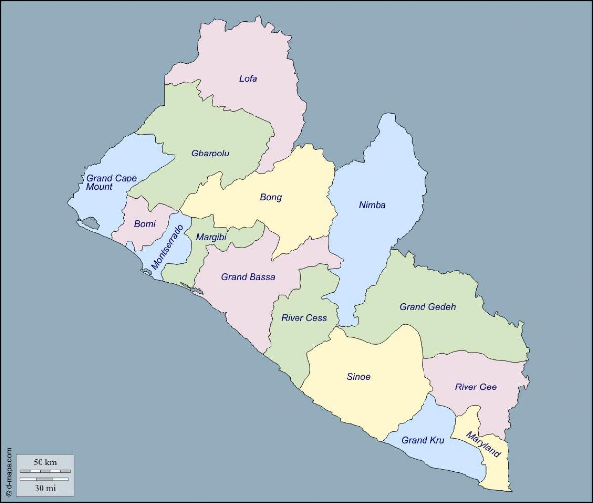 χάρτης της Λιβερίας κομητείες
